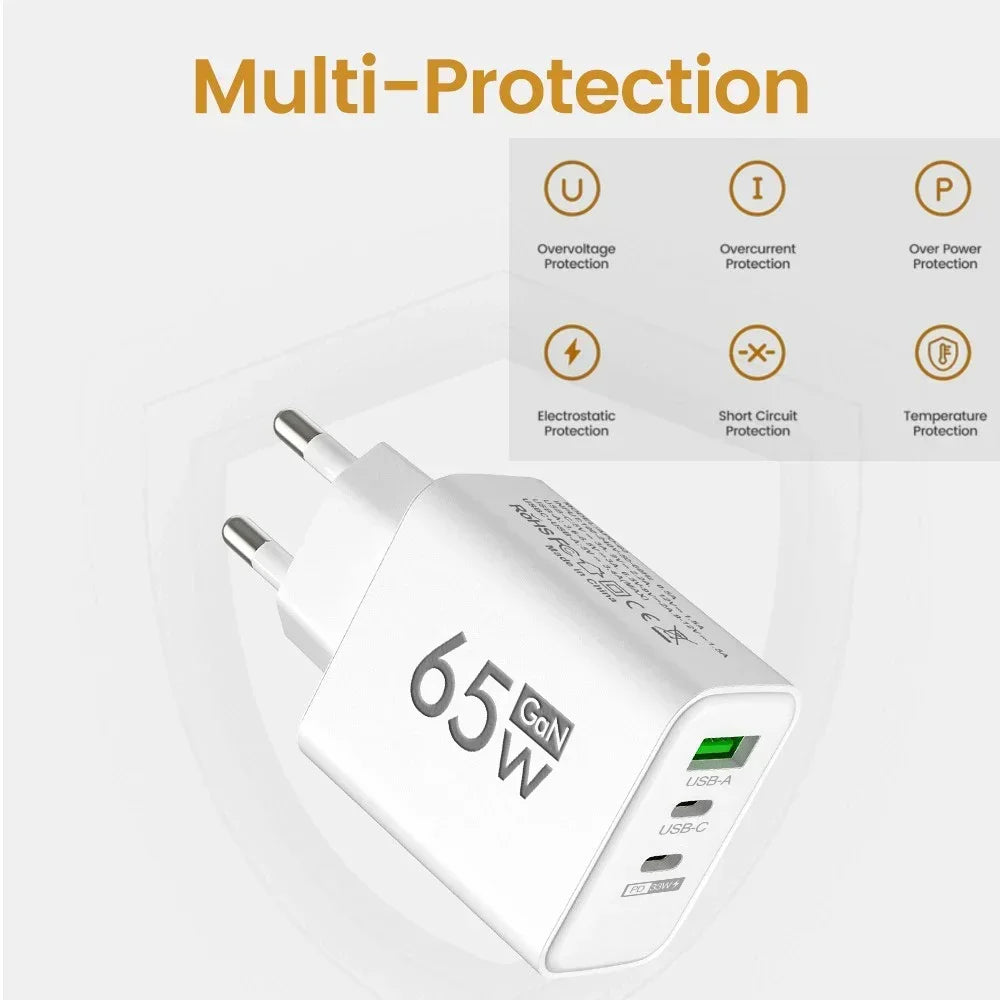 Total 65W Gan Charger USB PD Type C Fast Charging Mobile Phone Adapter QC3.0 for Iphone 14 15 Pro Max Samsung Galaxy S24 Xiaomi