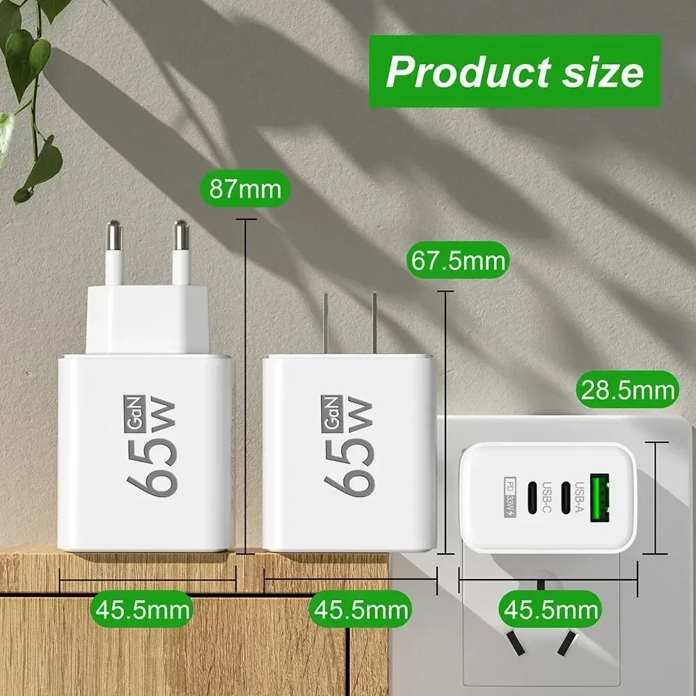 Total 65W Gan Charger USB PD Type C Fast Charging Mobile Phone Adapter QC3.0 for Iphone 14 15 Pro Max Samsung Galaxy S24 Xiaomi