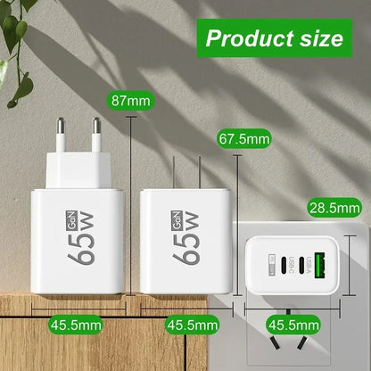 Total 65W Gan Charger USB PD Type C Fast Charging Mobile Phone Adapter QC3.0 for Iphone 14 15 Pro Max Samsung Galaxy S24 Xiaomi